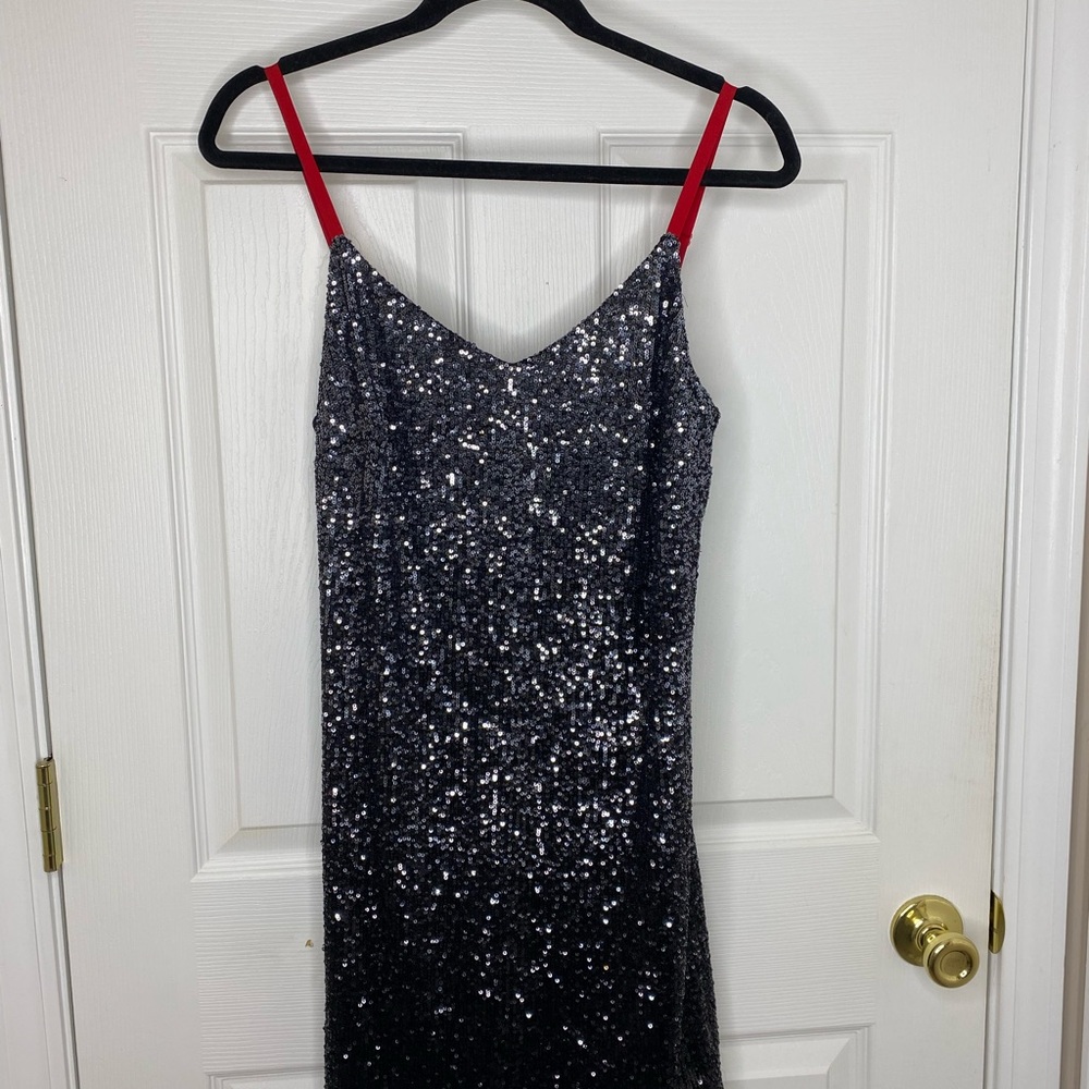 DKNY Black Sequin Mini Dress with Red Adjustable Straps